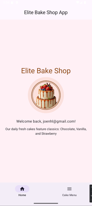 Elite Bake Shop App — Home Screen