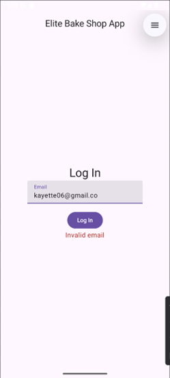 Elite Bake Shop App — Login screen with invalid email validation