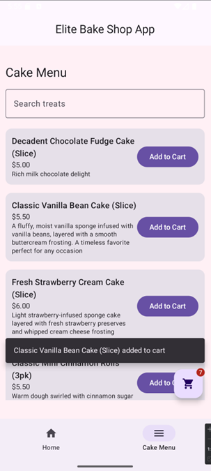 Elite Bake Shop App — Menu Screen showing cake catalogue