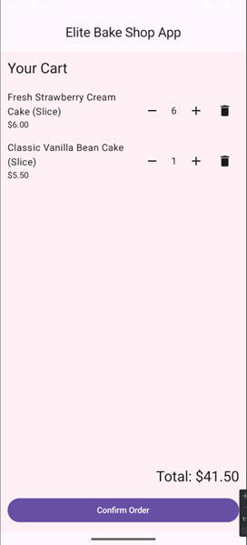 Elite Bake Shop App — Order Screen for customising a cake order