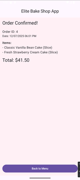 Elite Bake Shop App — Order Confirmed screen
