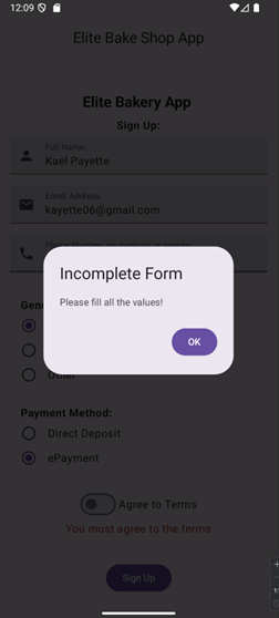 Elite Bake Shop App — Signup screen with incomplete form validation