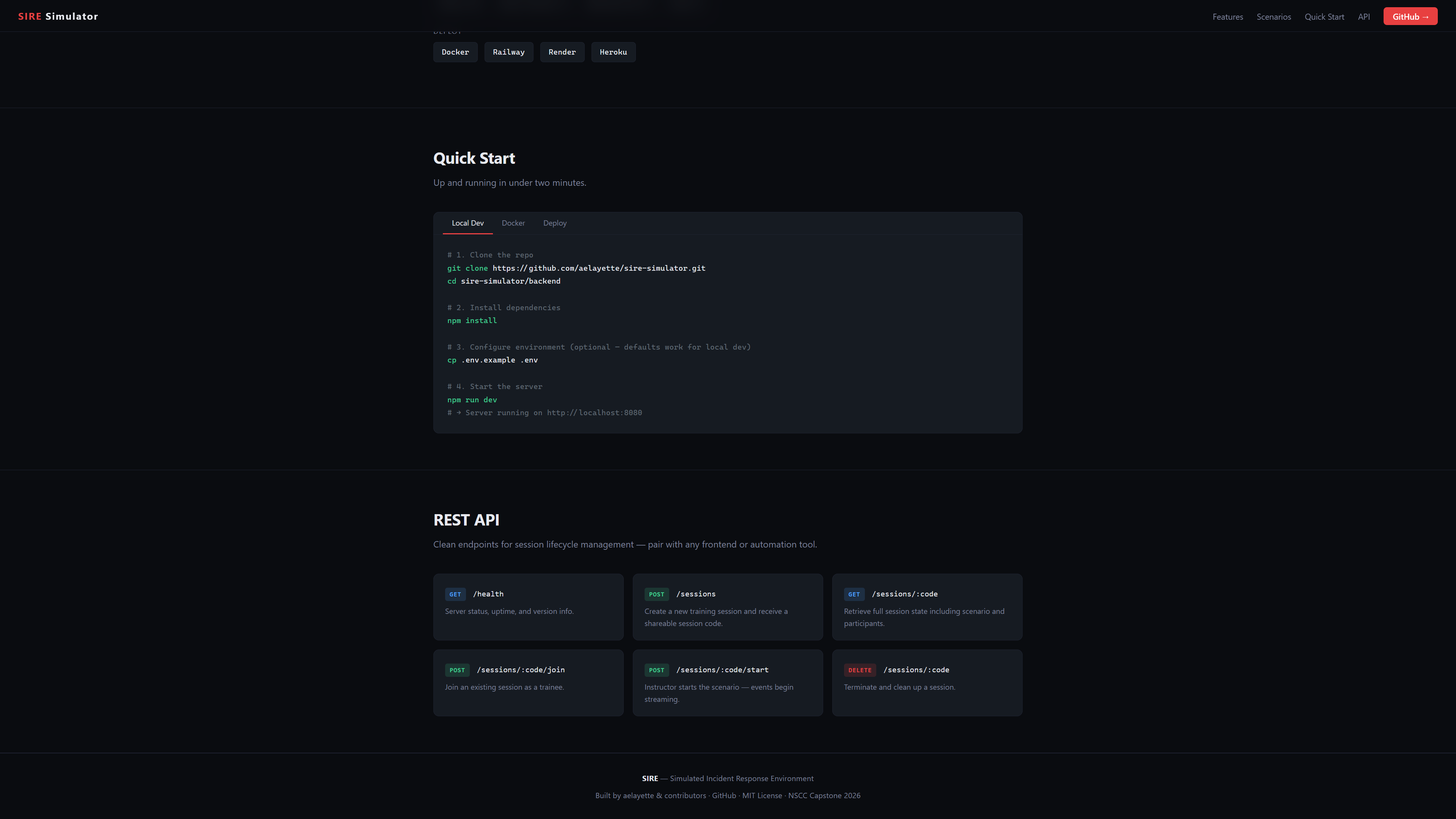 S.I.R.E. QuickStart Page — users enter a room code to join a live simulation session